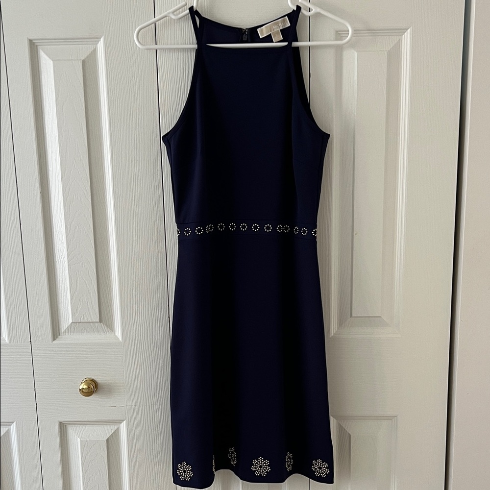 MICHAEL Michael Kors Dark Blue Midi Dress with Floral Accents